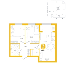 2-комнатная, 58.7 м²