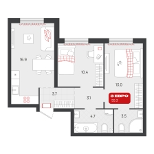 2-комнатная, 55.3 м²