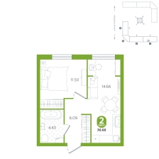 1-комнатная, 36.7 м²