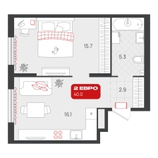 1-комнатная, 40 м²