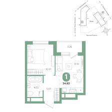 1-комнатная, 34.8 м²