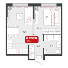 1-комнатная, 34.6 м²