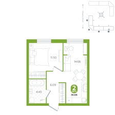 1-комнатная, 36.7 м²
