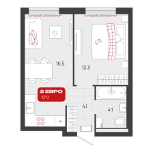 1-комнатная, 37 м²