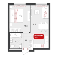 1-комнатная, 37 м²