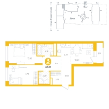 2-комнатная, 68 м²
