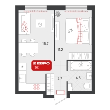 1-комнатная, 36.1 м²