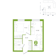 1-комнатная, 37 м²