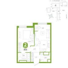 1-комнатная, 39 м²