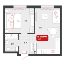 1-комнатная, 41.3 м²