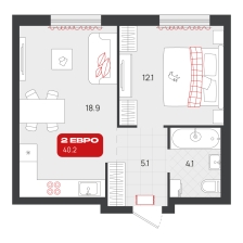 1-комнатная, 40.2 м²