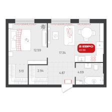 1-комнатная, 45.6 м²