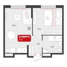 1-комнатная, 35.5 м²