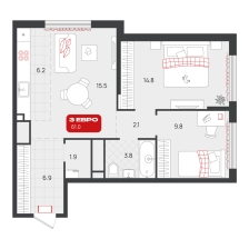 2-комнатная, 61 м²