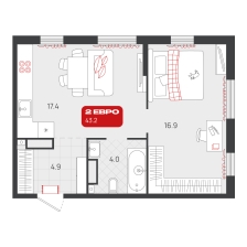 1-комнатная, 43.2 м²