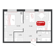 1-комнатная, 45.7 м²